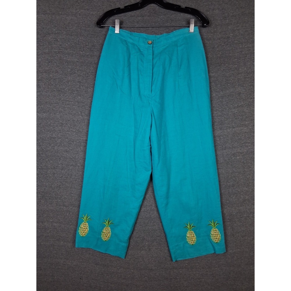 Bob Mackie Womens Pants 10 Blue Yellow Pineapple Linen Blend Coastal Resort Art